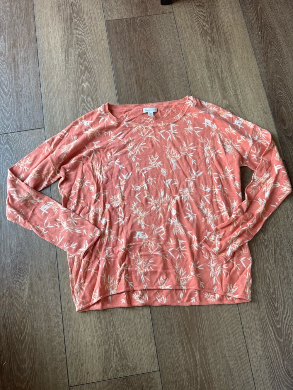 Garnet Hill Womens Peach Floral Cotton Silk Blend Long Sleeve Scoop Neck Crew